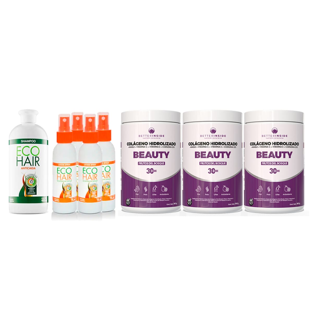 3 Better Beauty + 1 Ecohair shampoo anticaída 450ml + 4 lociones anticaída 75ml.