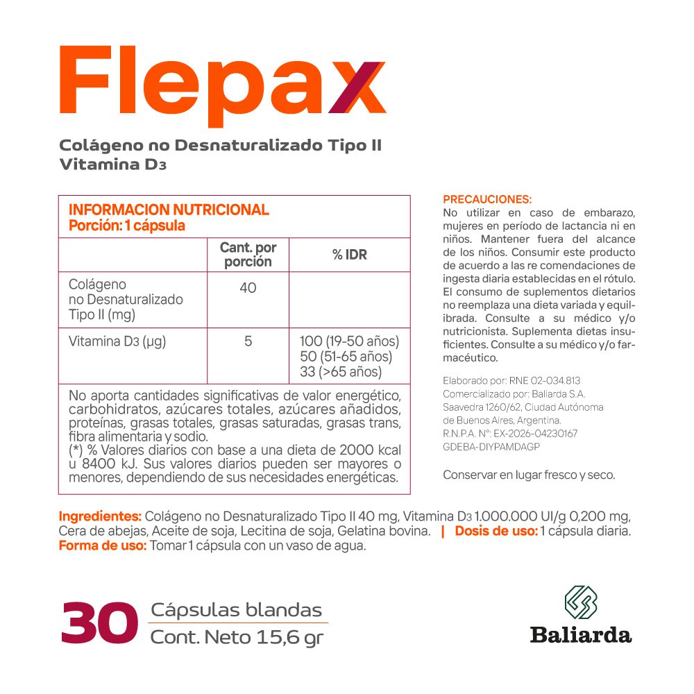 Flepax colageno no desnaturalizado tipo II + vitamina D3 X30 capsulas blandas - Imagen 3